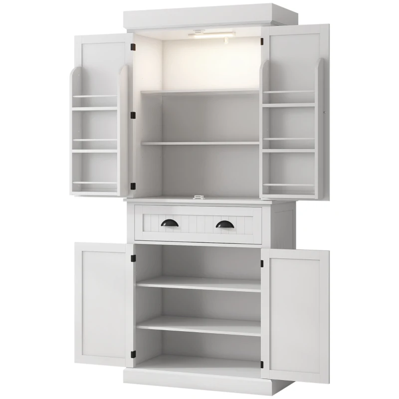 HOMCOM 71" Kitchen Pantry Cabinet with LED Lights, 6 Spice Racks, a Drawer and 4 Adjustable Shelves, White