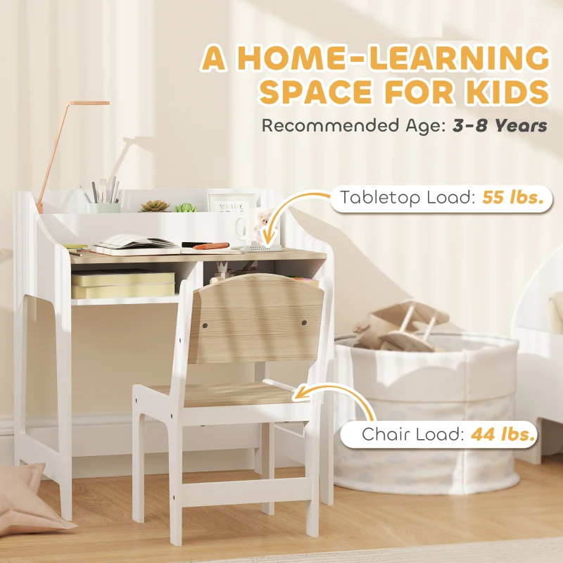 Qaba Kids Desk and Chair Set with Storage and Shelves, for Bedroom & Study Room, Gift for 3-8 Years Old, Natural Wood