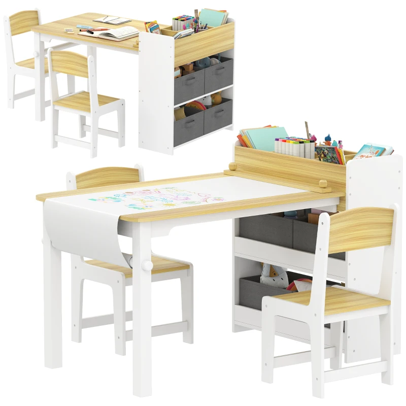 Qaba Kids Desk and Chair Set with Paper Roll, Kids Activity Craft Table with Storage Shelves and Drawers, Natural Wood