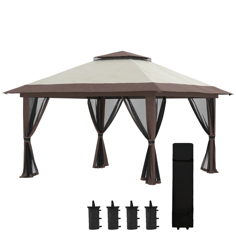Outsunny 13' x 13' Pop Up Gazebo Instant Canopy Tent Shelter with 2-Tier Roof, Carry Bag, Wight Bags for Outdoor, Garden, Beige