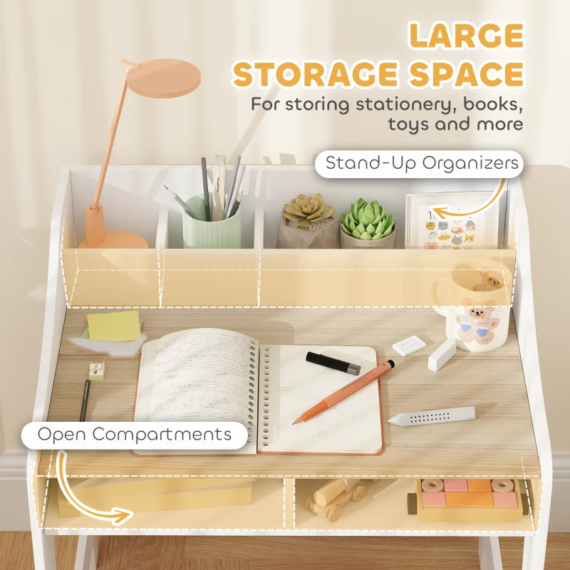 Qaba Kids Desk and Chair Set with Storage and Shelves, for Bedroom & Study Room, Gift for 3-8 Years Old, Natural Wood