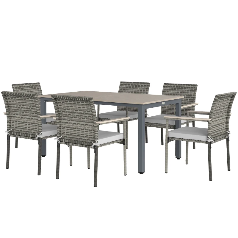 Outsunny 7 Pieces Wicker Outdoor Furniture Set, Rattan Patio Dining Set with Cushions, Umbrella Hole for Garden Backyard, Grey