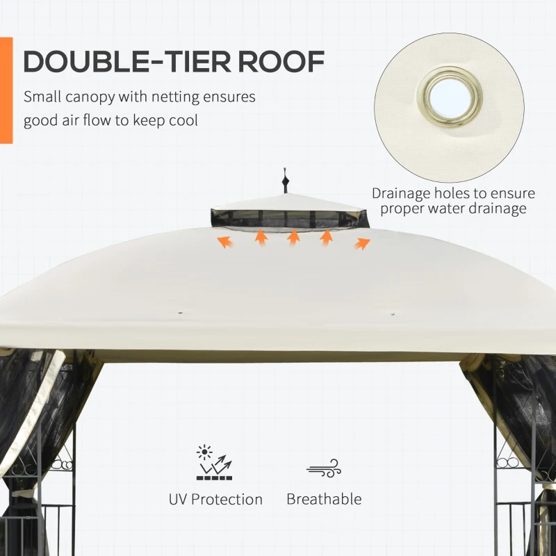 Outsunny 12' x 10' Outdoor Patio Gazebo Canopy with Double Tier Roof, Removable Mesh Sidewalls, Triangular Display Shelves, Beige