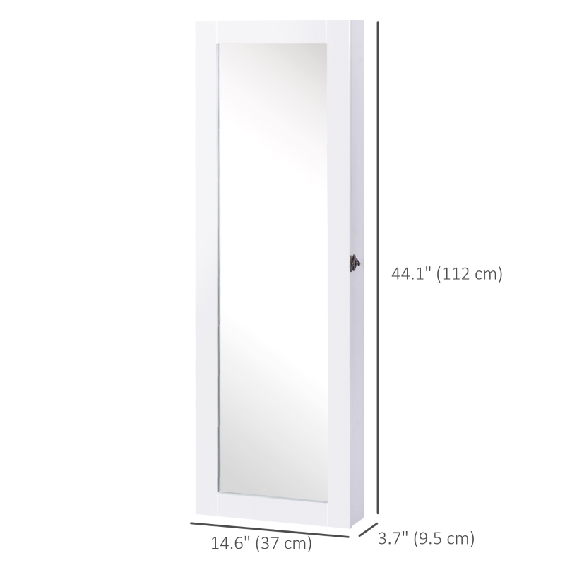 HOMCOM White Mirrored Jewellery Cabinet Hanging Wall Mount Real Glass Mirror Locked, White