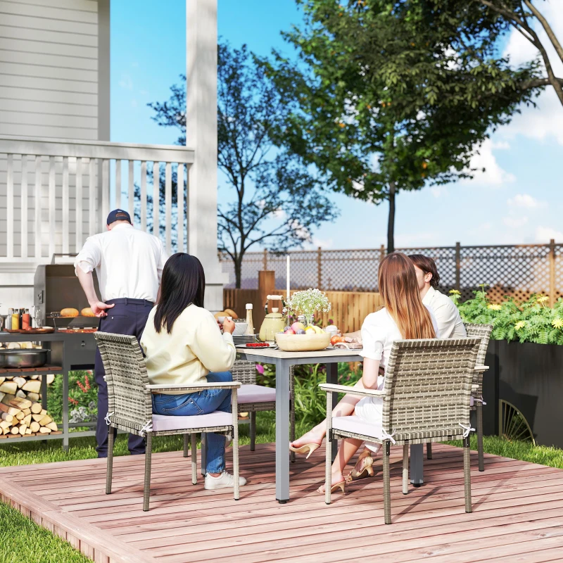 Outsunny 5 Pieces Wicker Outdoor Furniture Set, Rattan Patio Dining Set with Cushions, Umbrella Hole for Garden Backyard, Grey