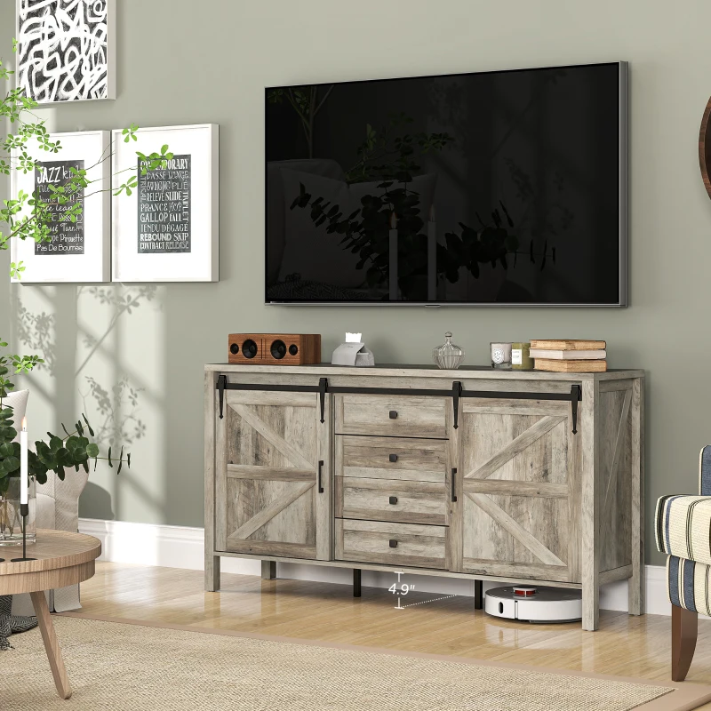 HOMCOM 59" Buffet Cabinet, Farmhouse Sideboard with Thick Top, 2 Barn Doors, 4 Drawers and 2 Adjustable Shelves, Gray Wash