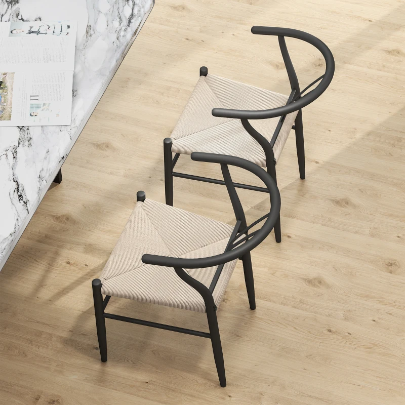 HOMCOM Set of 2 Weave Dining Chairs, Mid-Century Modern Dining Room Chairs with Y-Shaped Backrest and Hemp Seat, Black