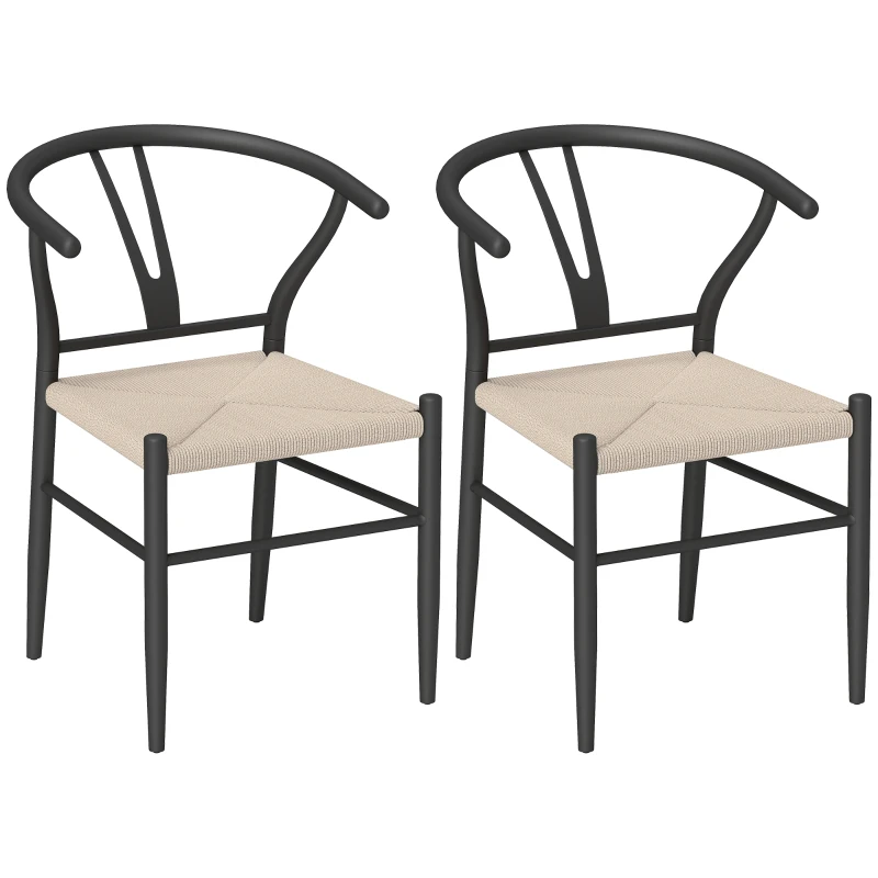 HOMCOM Set of 2 Weave Dining Chairs, Mid-Century Modern Dining Room Chairs with Y-Shaped Backrest and Hemp Seat, Black