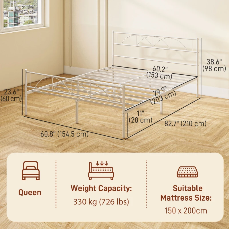 HOMCOM Metal Queen Platform Bed Frame with Headboard, Steel Slat Support, Underbed Storage, No Box Spring Needed, Easy Assembly