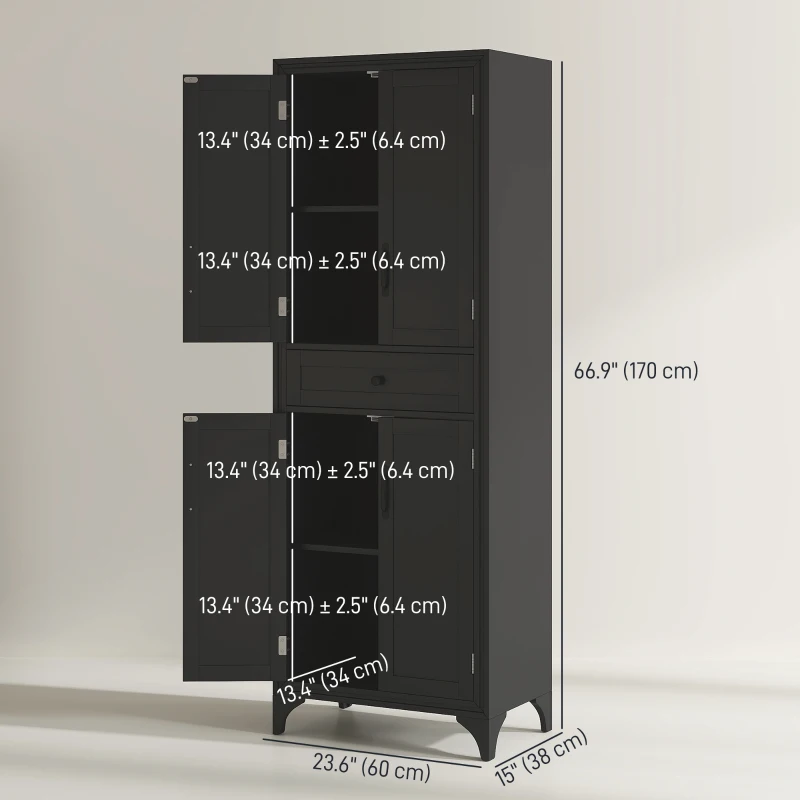 HOMCOM Freestanding Storage Cabinet, Kitchen Pantry Cabinet with 2 Shelves, 4 Doors for Dining Room, Black