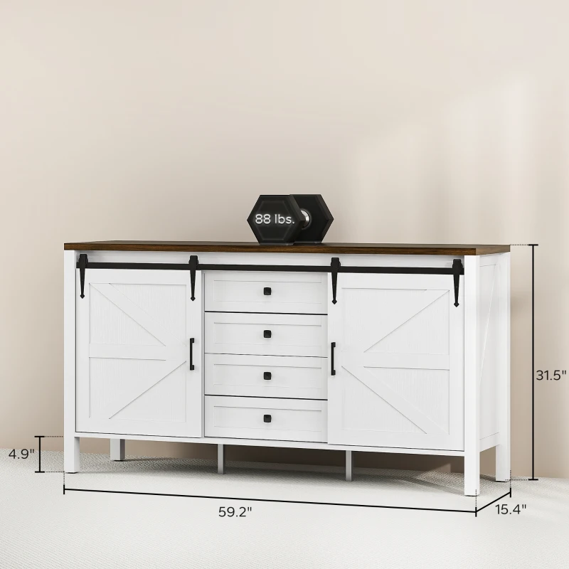 HOMCOM 59" Buffet Cabinet, Farmhouse Sideboard with Thick Top, 2 Barn Doors, 4 Drawers and 2 Adjustable Shelves, White