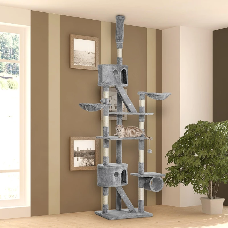 PawHut Floor to Ceiling Cat Tree, 94.5-102.5 inch Height Adjustable Cat Climbing Tower with Scratching Posts, Condos, Hammocks