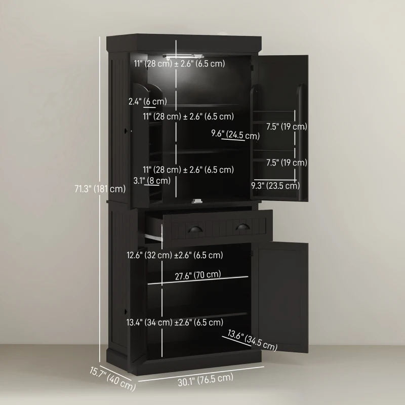 HOMCOM 71" Kitchen Pantry Cabinet with LED Lights, 6 Spice Racks, a Drawer and 4 Adjustable Shelves, Black