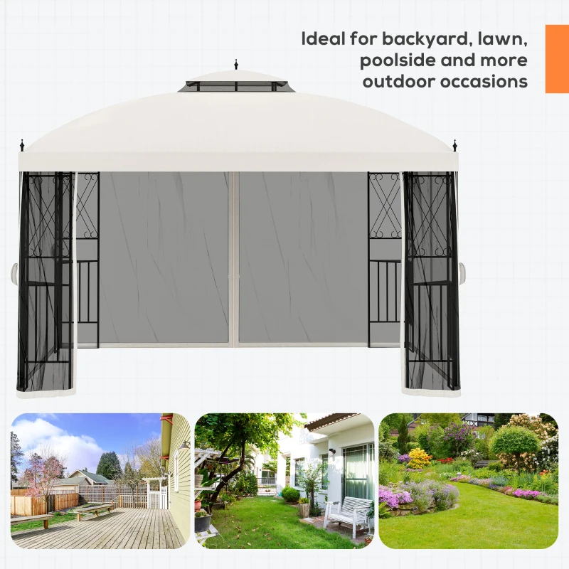 Outsunny 12' x 10' Outdoor Patio Gazebo Canopy with Double Tier Roof, Removable Mesh Sidewalls, Triangular Display Shelves, Beige