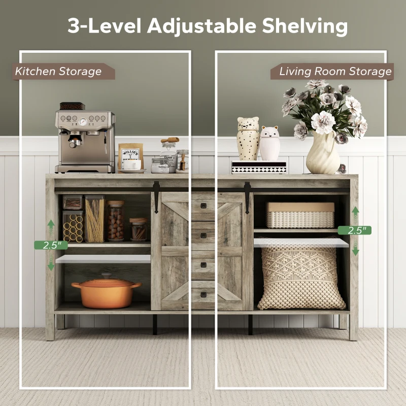 HOMCOM 59" Buffet Cabinet, Farmhouse Sideboard with Thick Top, 2 Barn Doors, 4 Drawers and 2 Adjustable Shelves, Gray Wash