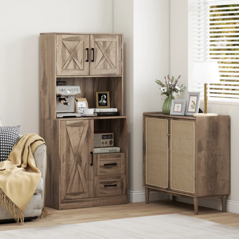 HOMCOM 60" Kitchen Pantry Storage Cabinet, Farmhouse Kitchen Hutch w/ Microwave Oven Countertop, Adjustable Shelves, Gray Wash