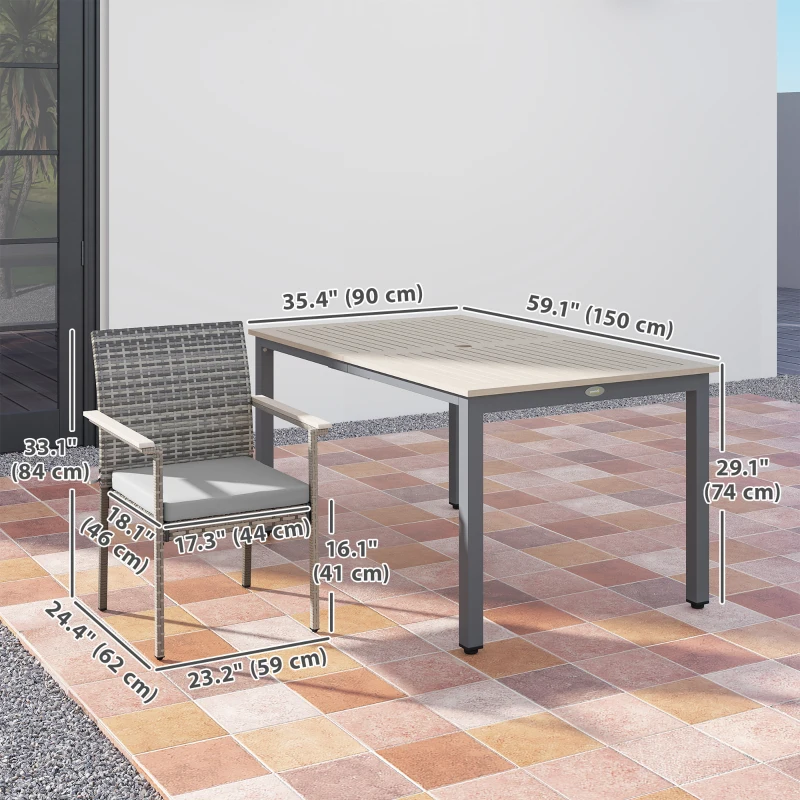 Outsunny 7 Pieces Wicker Outdoor Furniture Set, Rattan Patio Dining Set with Cushions, Umbrella Hole for Garden Backyard, Grey