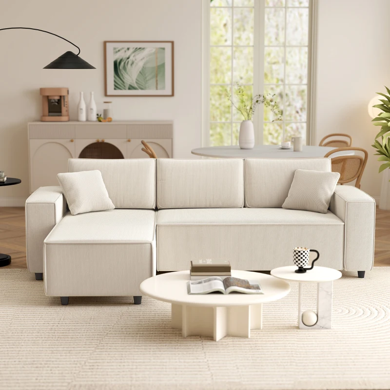 HOMCOM Corner Sofa with Changeable Chaise, Corduroy L-Shaped Sectional Sofa with Pocket Spring, 2 Pillows, Cream White