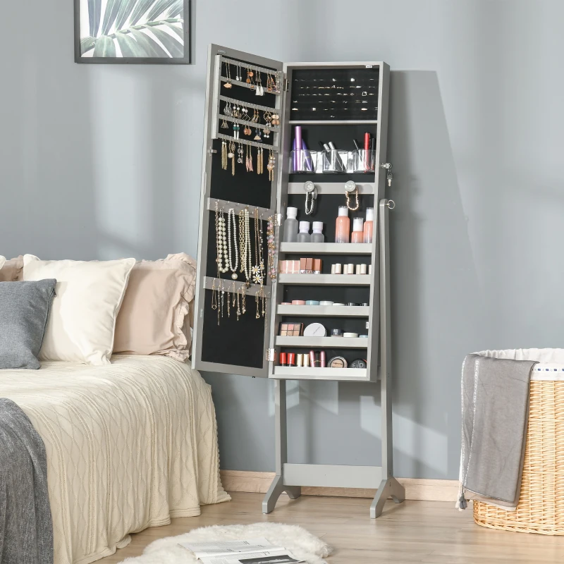 HOMCOM Lockable Jewellery Armoire with LED Light, Standing Mirror with Storage for Bedroom Dressing Room, Grey