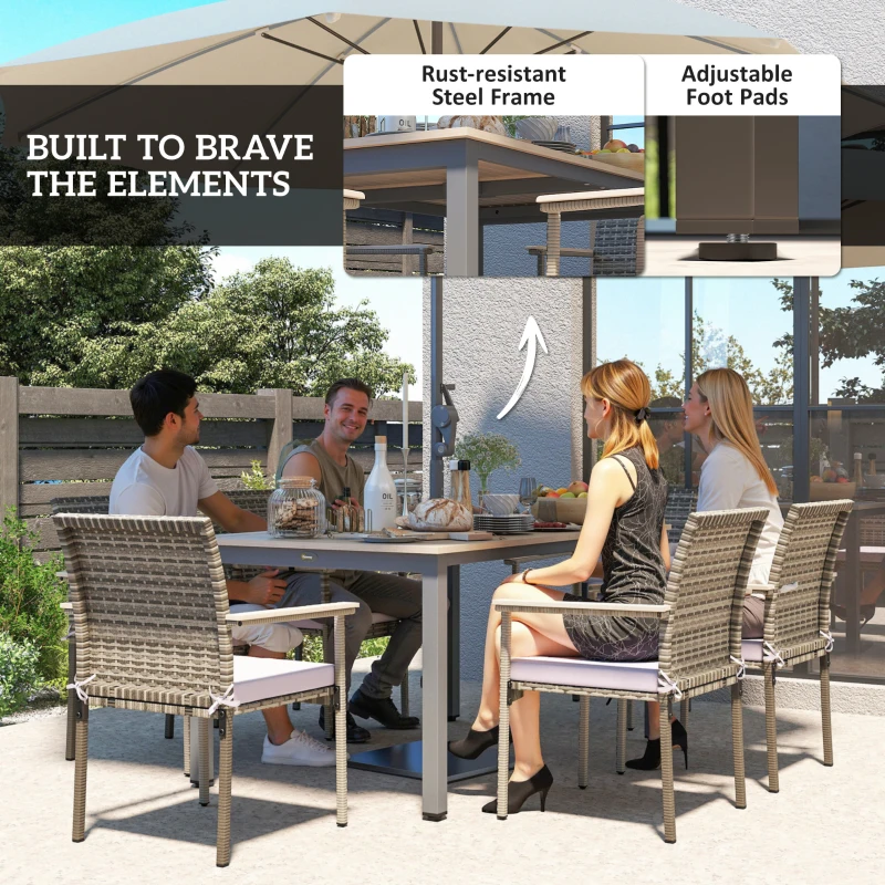 Outsunny 7 Pieces Wicker Outdoor Furniture Set, Rattan Patio Dining Set with Cushions, Umbrella Hole for Garden Backyard, Grey