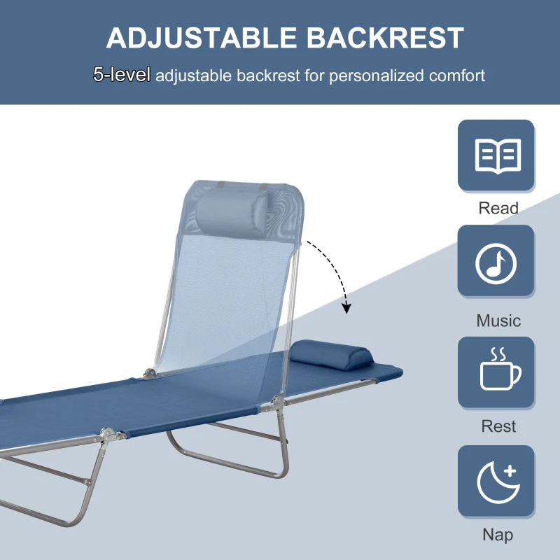 Outsunny Folding Chaise Lounge Chair, Pool Sun Tanning Chair, Outdoor Lounge Chair with Reclining Back, Breathable Mesh Seat, Headrest for Beach, Yard, Patio, Dark Blue