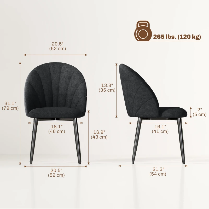 HOMCOM Modern Dining Chairs Set of 4, Upholstered Dining Room Chairs with Metal Legs, Shell Backrest, Padded Seat, Black