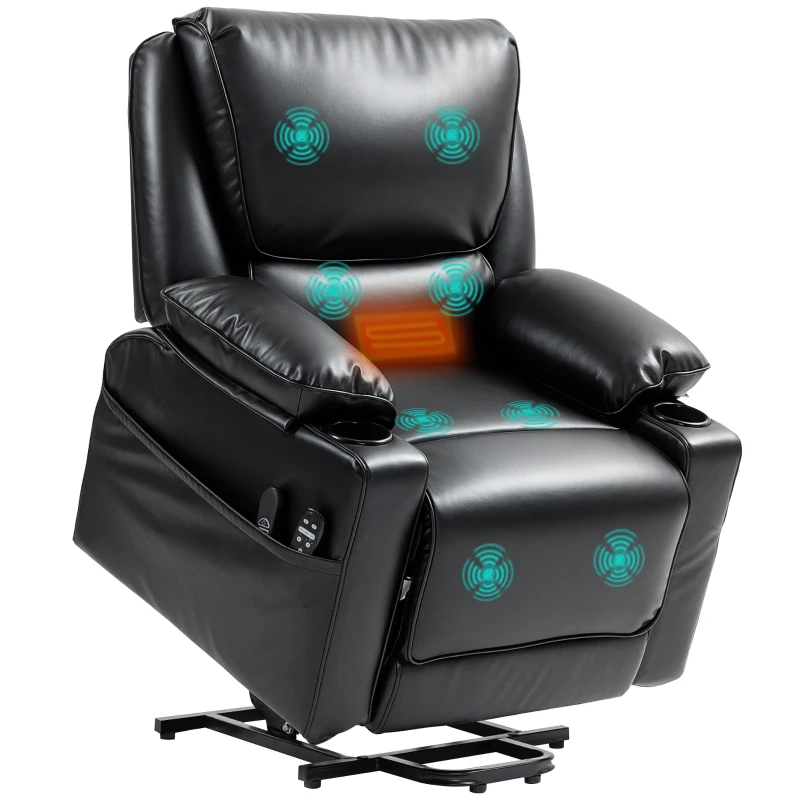 HOMCOM Power Lift Chair for Elderly, Faux Leather Recliner Sofa with Vibration Massage and Heat, Remote, Side Pockets, Black