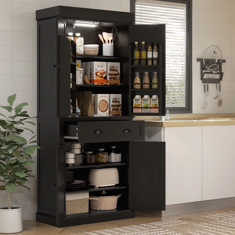 HOMCOM 71" Kitchen Pantry Cabinet with LED Lights, 6 Spice Racks, a Drawer and 4 Adjustable Shelves, Black