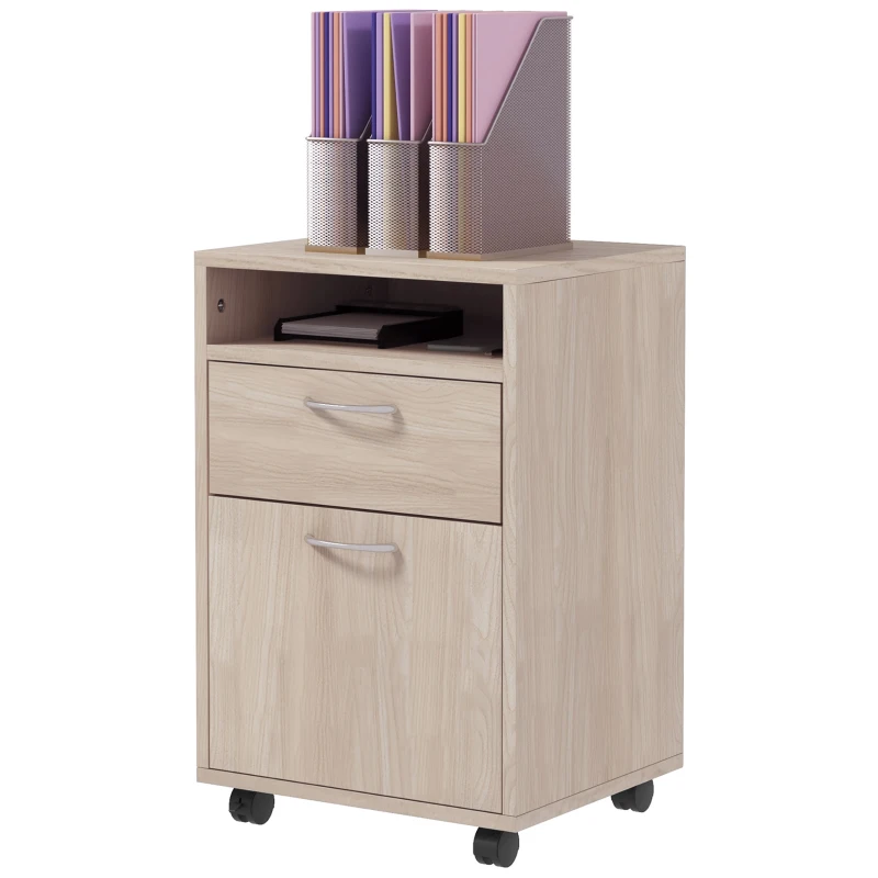 HOMCOM 24" Small Filing Cabinet with Open Compartment, Drawer and Wheels, Home Office Storage Cabinet, Oak