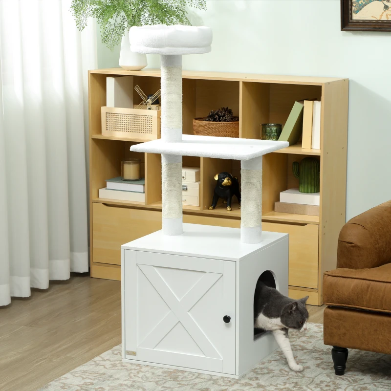 PawHut Cat Tree with Litter Box Enclosure, Scratching Posts, Bed, Climbing Platforms for Indoor Cats, White