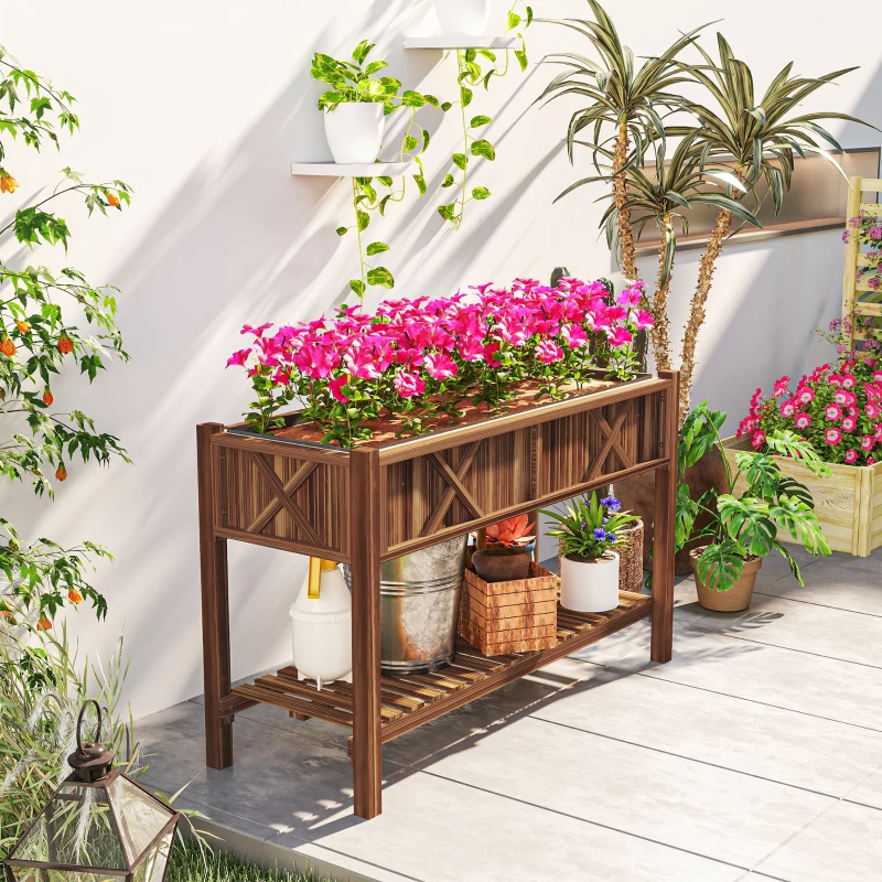 Outsunny Raised Garden Bed, 47 x 22 x 31.5 in Elevated Wood Planter Box with Storage Shelf, Drainage Holes and Liner, Carbonized