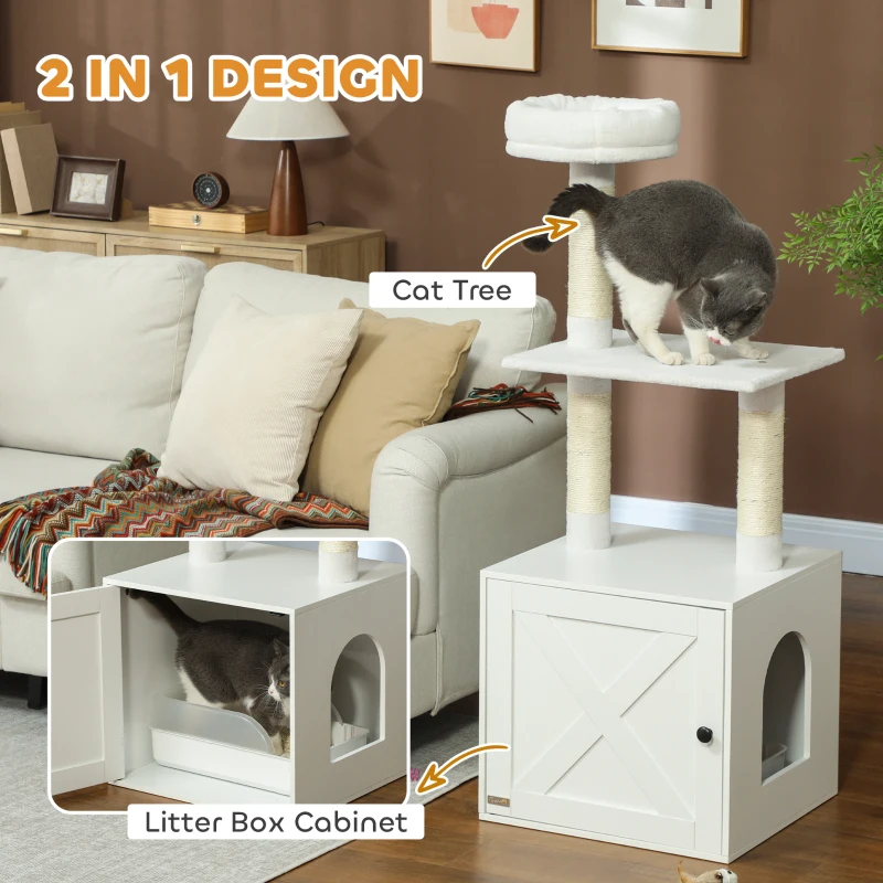 PawHut Cat Tree with Litter Box Enclosure, Scratching Posts, Bed, Climbing Platforms for Indoor Cats, White
