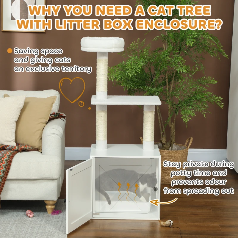 PawHut Cat Tree with Litter Box Enclosure, Scratching Posts, Bed, Climbing Platforms for Indoor Cats, White