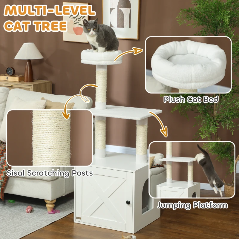 PawHut Cat Tree with Litter Box Enclosure, Scratching Posts, Bed, Climbing Platforms for Indoor Cats, White