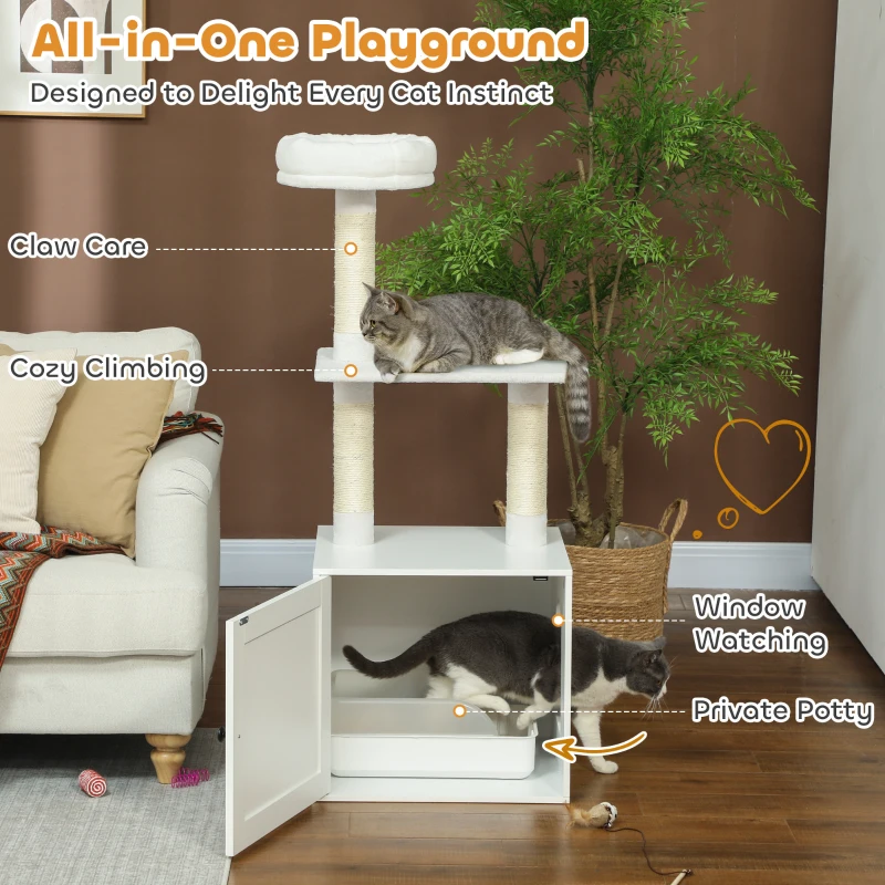 PawHut Cat Tree with Litter Box Enclosure, Scratching Posts, Bed, Climbing Platforms for Indoor Cats, White