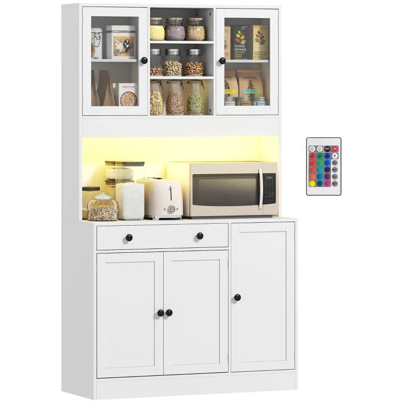 HOMCOM Tall Kitchen Pantry with LED Light, Freestanding Storage Cabinet with Hutch, Shelves, Drawer, Doors, White