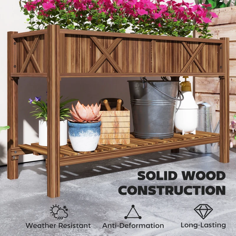 Outsunny Raised Garden Bed, 47 x 22 x 31.5 in Elevated Wood Planter Box with Storage Shelf, Drainage Holes and Liner, Carbonized