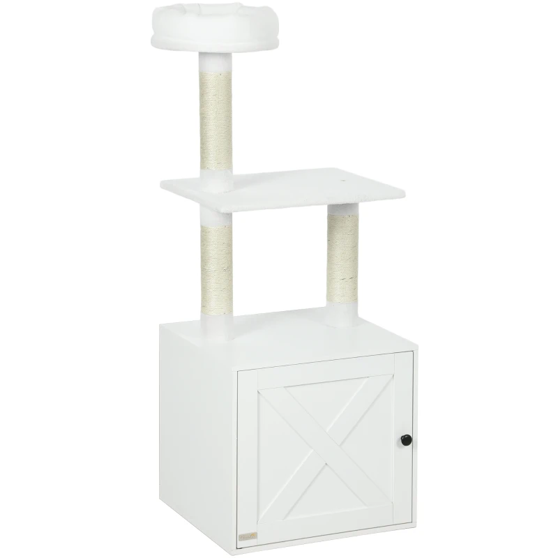 PawHut Cat Tree with Litter Box Enclosure, Sisal Covered Scratching Posts, Large Platform, Bed for Indoor Cats, White