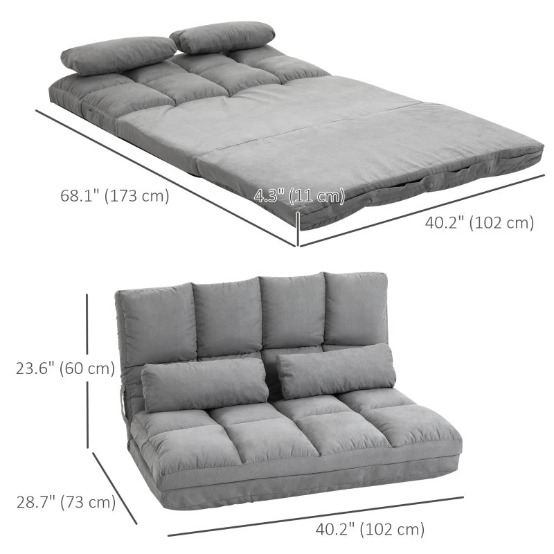 HOMCOM 2-In-1 Floor Sofa Lazy Bed, Folding Couch with Adjustable Backrest Headrest, Thick Padding, Metal Frame and 2 Pillows, Grey