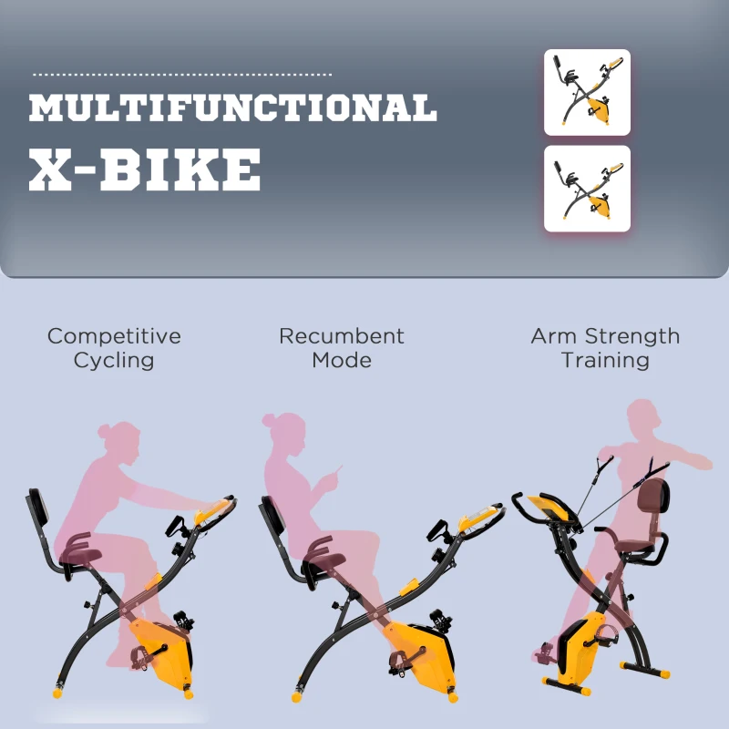 Soozier 3 in 1 Folding Exercise Bike, Foldable Stationary Bike with 8-Level Magnetic Resistance, Adjustable Seat, Yellow