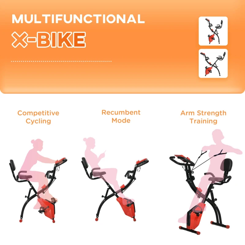 Soozier 3 in 1 Folding Exercise Bike, Foldable Stationary Bike with 8-Level Magnetic Resistance, Adjustable Seat, Red