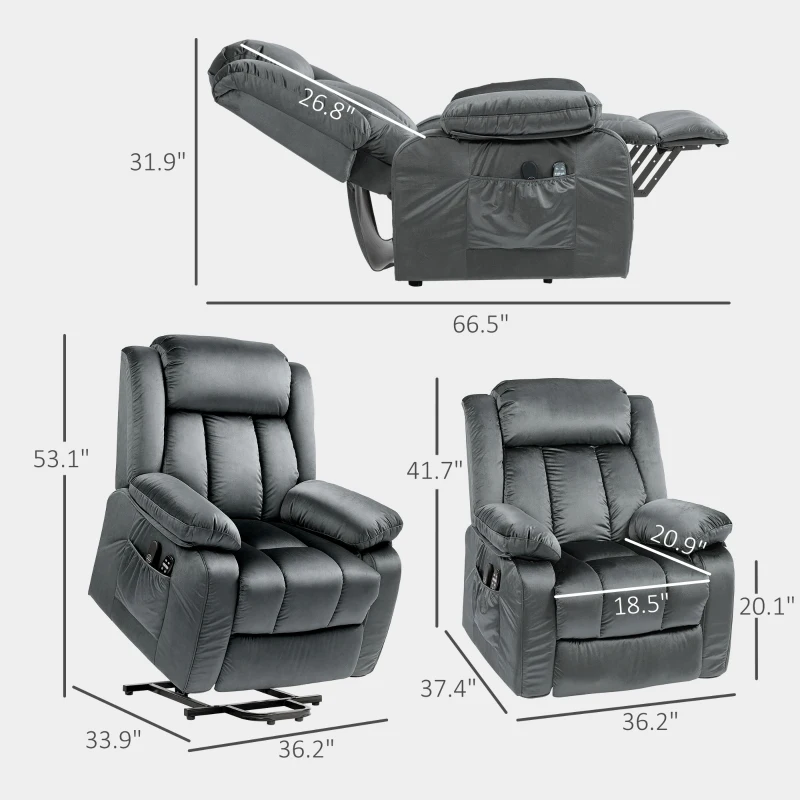 HOMCOM Power Lift Recliner Chair for Elderly, Electric Lift Chair with Massage and Heat, Remote Control, Gray