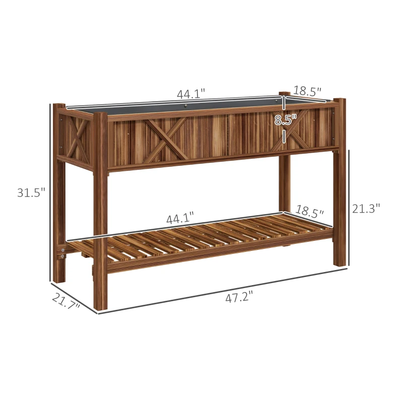 Outsunny Raised Garden Bed, 47 x 22 x 31.5 in Elevated Wood Planter Box with Storage Shelf, Drainage Holes and Liner, Carbonized