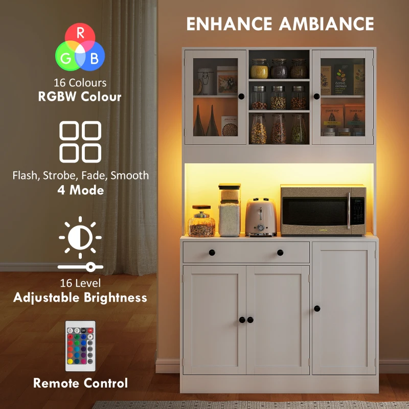 HOMCOM Tall Kitchen Pantry with LED Light, Freestanding Storage Cabinet with Hutch, Shelves, Drawer, Doors, White