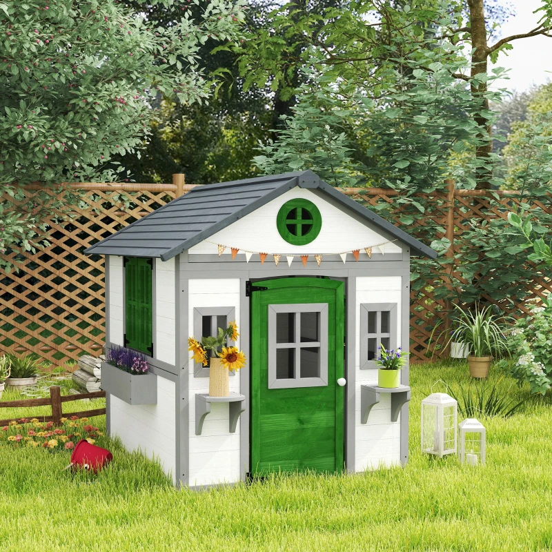 Outsunny Wooden Playhouse for Kids Outdoor with Doors, Windows, Planter Pots and Boxes for Toddlers 3-8 Years, White