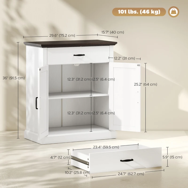HOMCOM 30" Buffet Cabinet, Farmhouse Sideboard with 1.2" Thick Top, 2 Barn Doors, Drawer and Adjustable Shelf, White