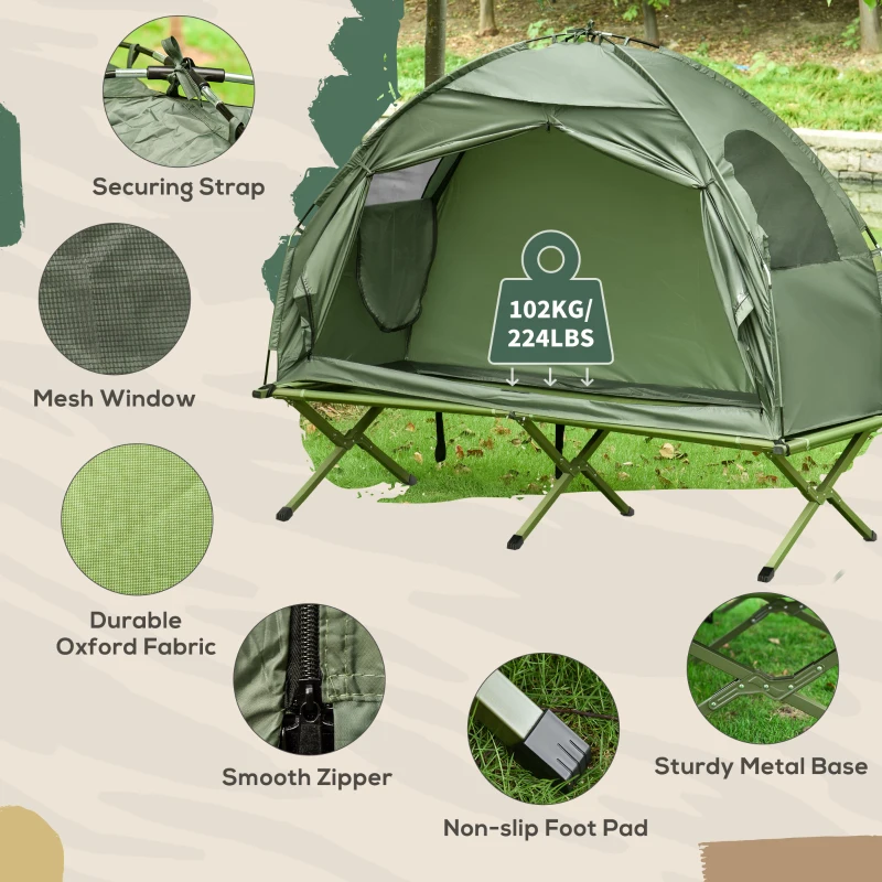 Outsunny Compact Pop Up Portable Folding Outdoor Elevated Camping Cot Tent Combo Set Dark Green