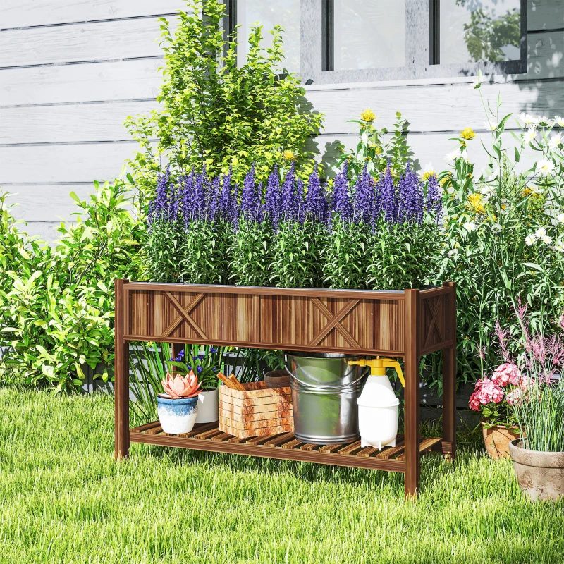 Outsunny Raised Garden Bed, 47 x 22 x 31.5 in Elevated Wood Planter Box with Storage Shelf, Drainage Holes and Liner, Carbonized