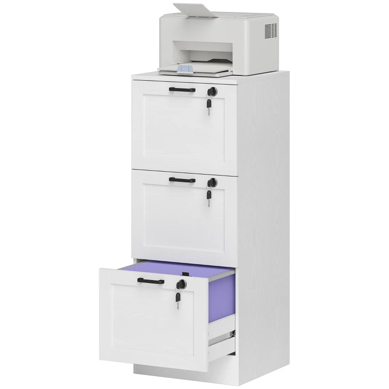 HOMCOM Vertical Filing Cabinet with 3 Drawers, Lock, File Cabinet for Home Office, A4 and Letter Size Files, White