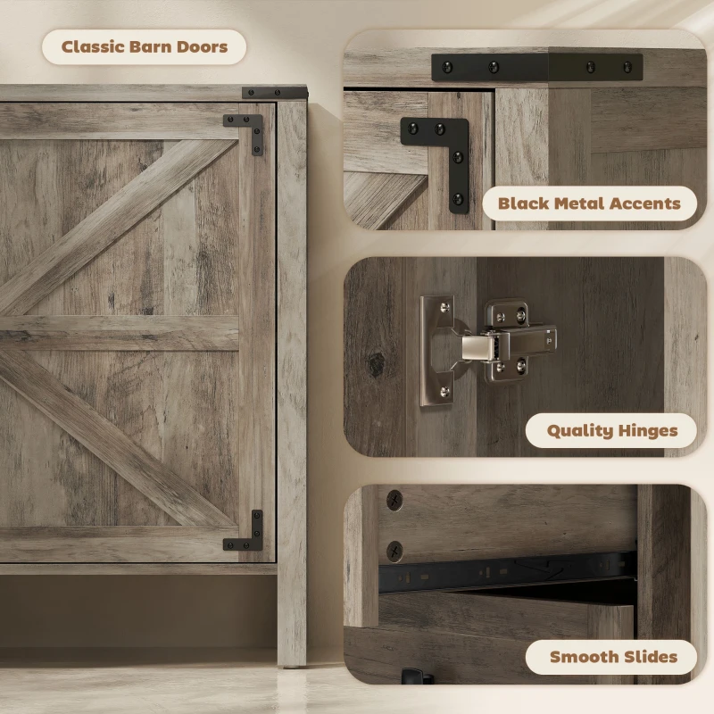 HOMCOM 59" Buffet Cabinet, Farmhouse Sideboard with Thick Top, 2 Barn Doors, 4 Drawers and 2 Adjustable Shelves, Grey